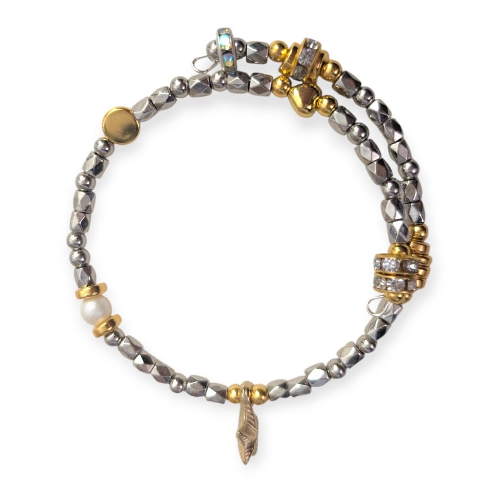 Beaded Charm Bracelet: Silver and Gold-tone Sea Star Starfish and Pearl